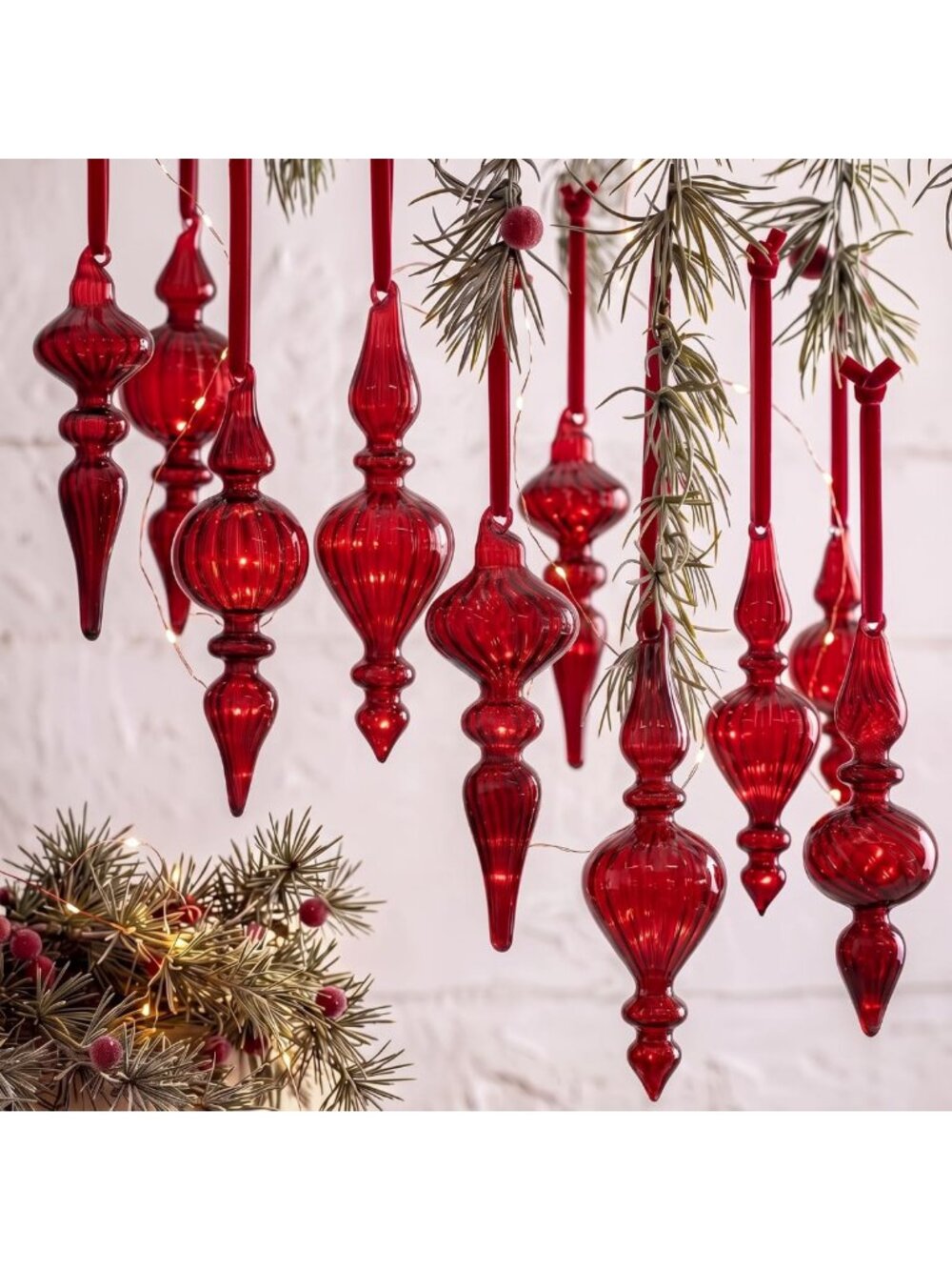 12 Vintage Glass Finial Christmas Ornaments Set, Burgundy Red Holiday Decor